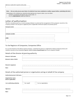 Form CR-LOA Director's letter of authorisation. Director's letter of authorisation template