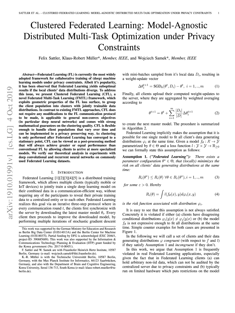 Fillable Online SATTLER ET AL.CLUSTERED FEDERATED LEARNING: MODEL ...