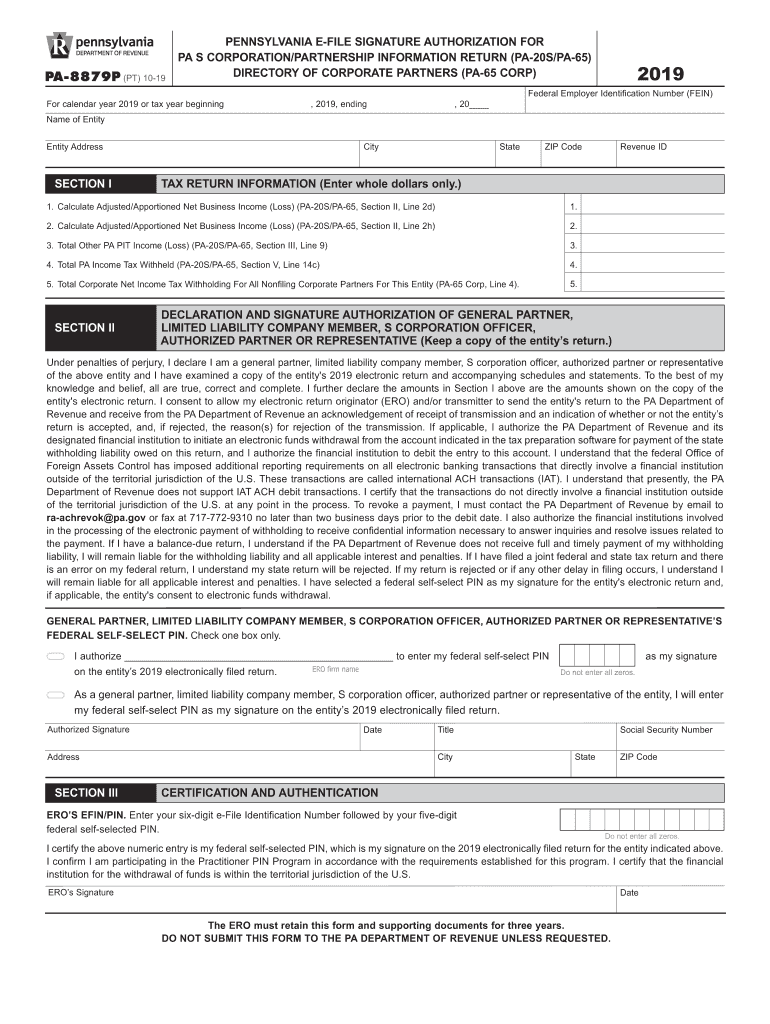 Inscript Pa Form 2019 Pennsylvania E-File Signature Authorization for PA S Corporation ...
