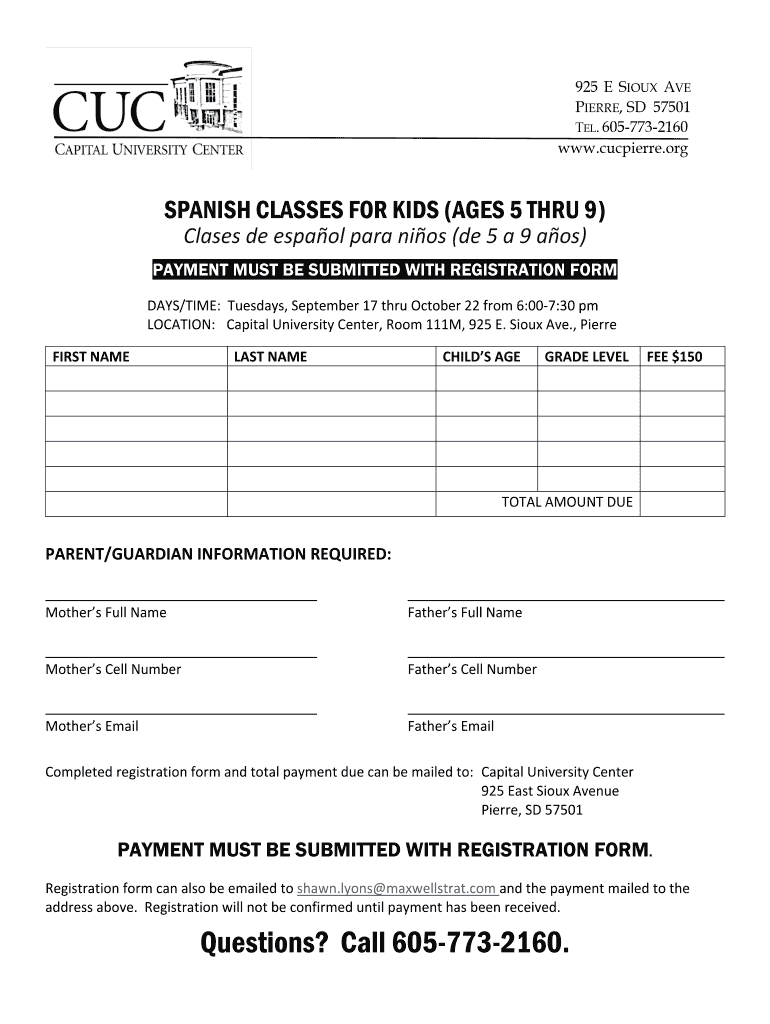 Spanish Classes for Kids Registration Form docx Preview on Page 1