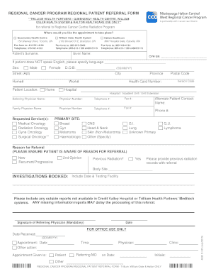 Patient Referral Form to MHCW Regional Cancer Program's Radiation Program - **THP - Queensway Health Centre, William Osler Health System &amp;amp; Halton Health Services Use Only**