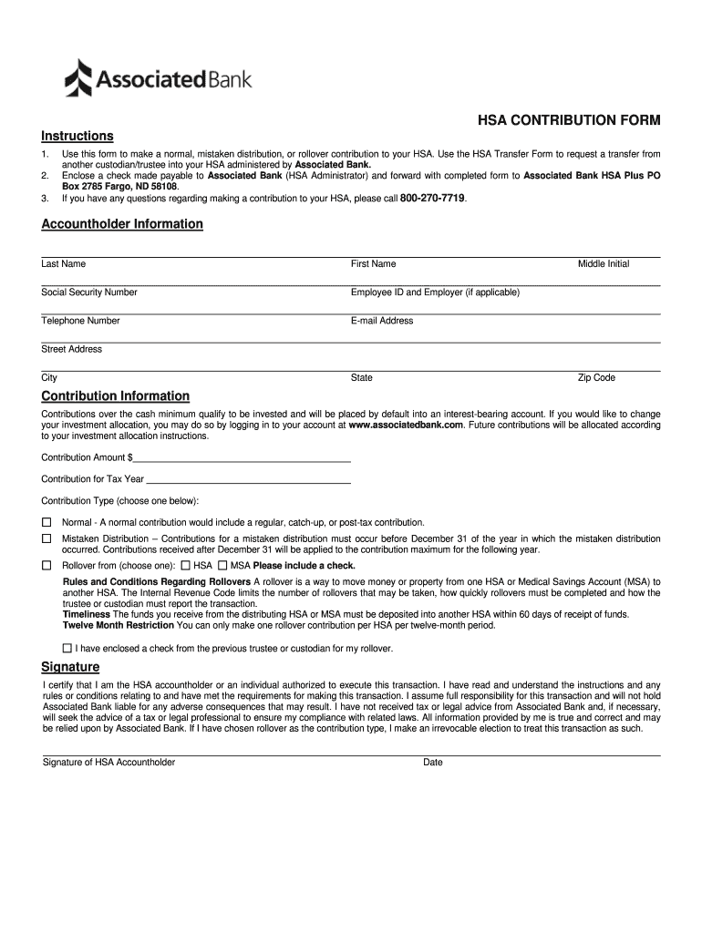 Fillable Online hsa contribution form Associated Bank Fax Email Print pdfFiller
