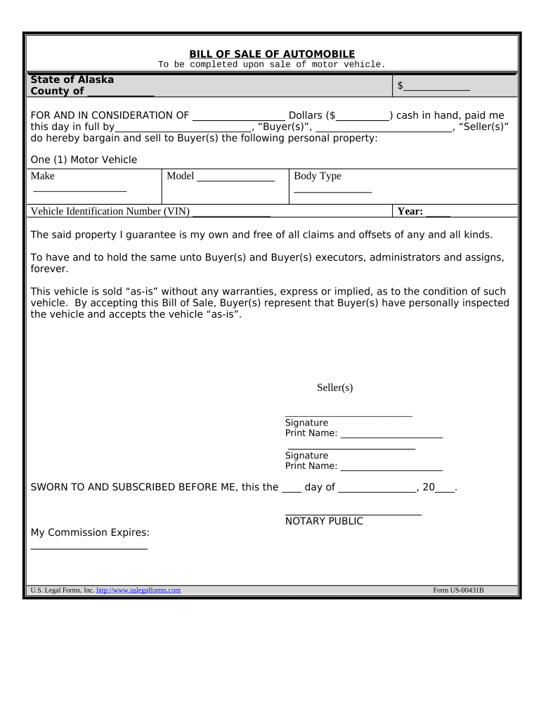 Bill of Sale of Automobile and Odometer Statement for As-Is Sale - Alaska Preview on Page 1