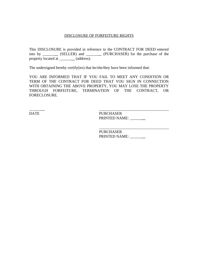 Seller&#039;s Disclosure of Forfeiture Rights for Contract for Deed - Alaska Preview on Page 1.