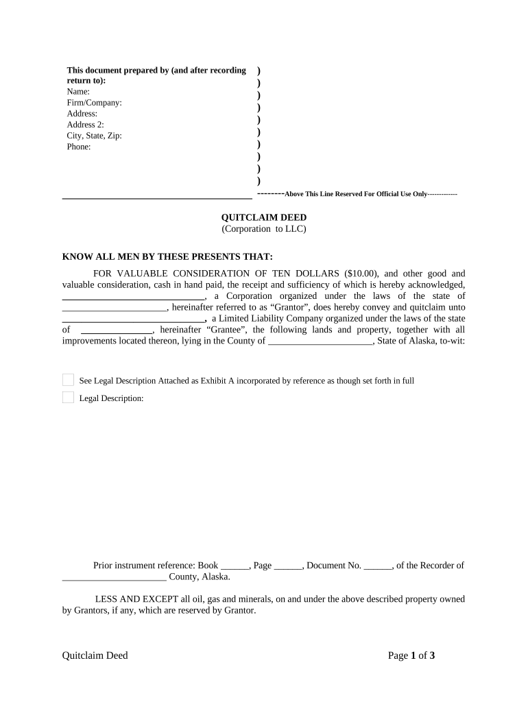 Quitclaim Deed from Corporation to LLC - Alaska Preview on Page 1