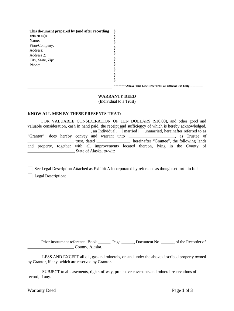 Warranty Deed from Individual to a Trust - Alaska Preview on Page 1.