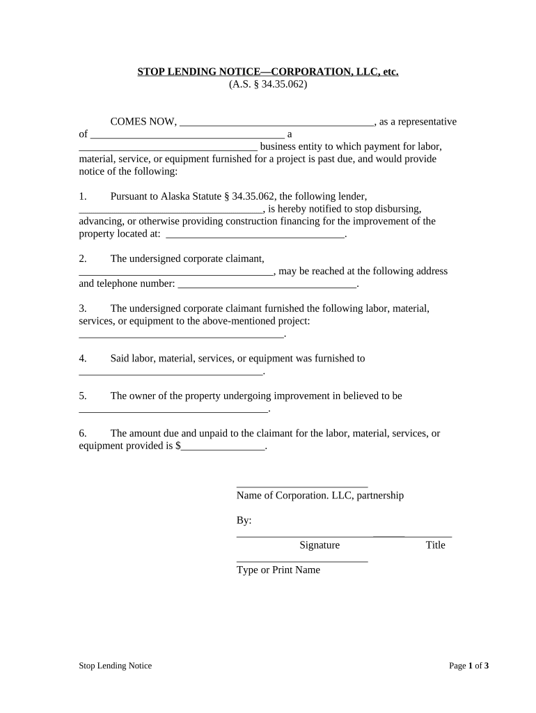 Stop Lending Notice by Corporation or LLC - Alaska Preview on Page 1