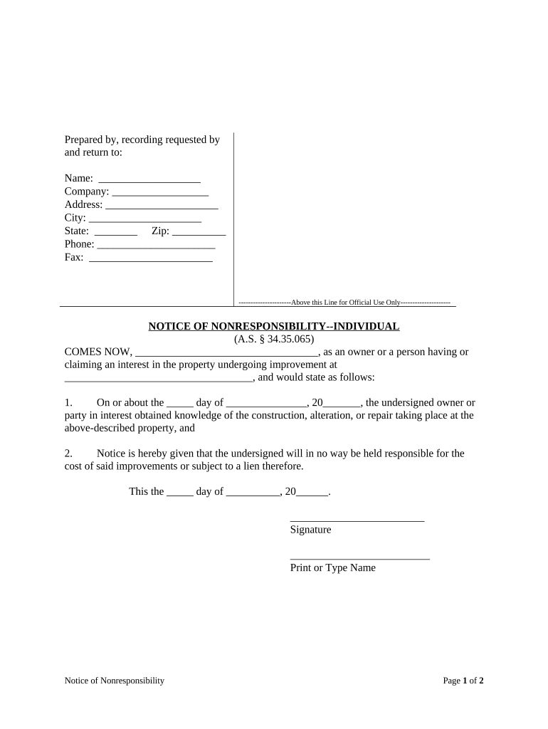 Notice of Nonresponsibility - Individual - Alaska Preview on Page 1