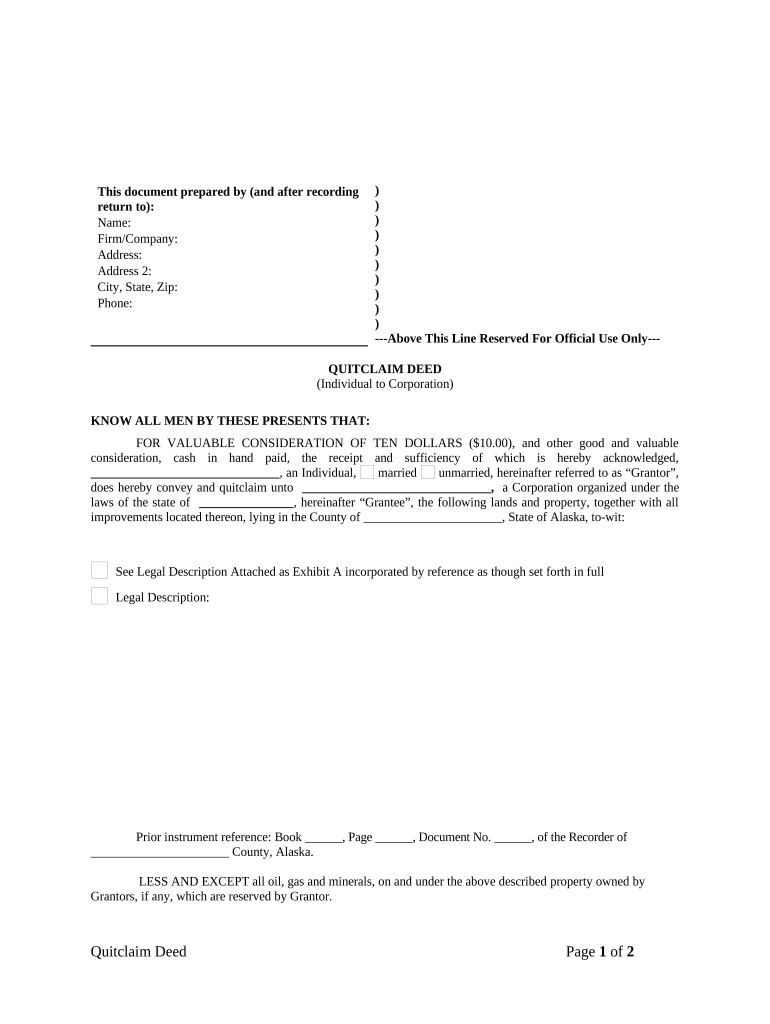 Quitclaim Deed from Individual to Corporation - Alaska Preview on Page 1.