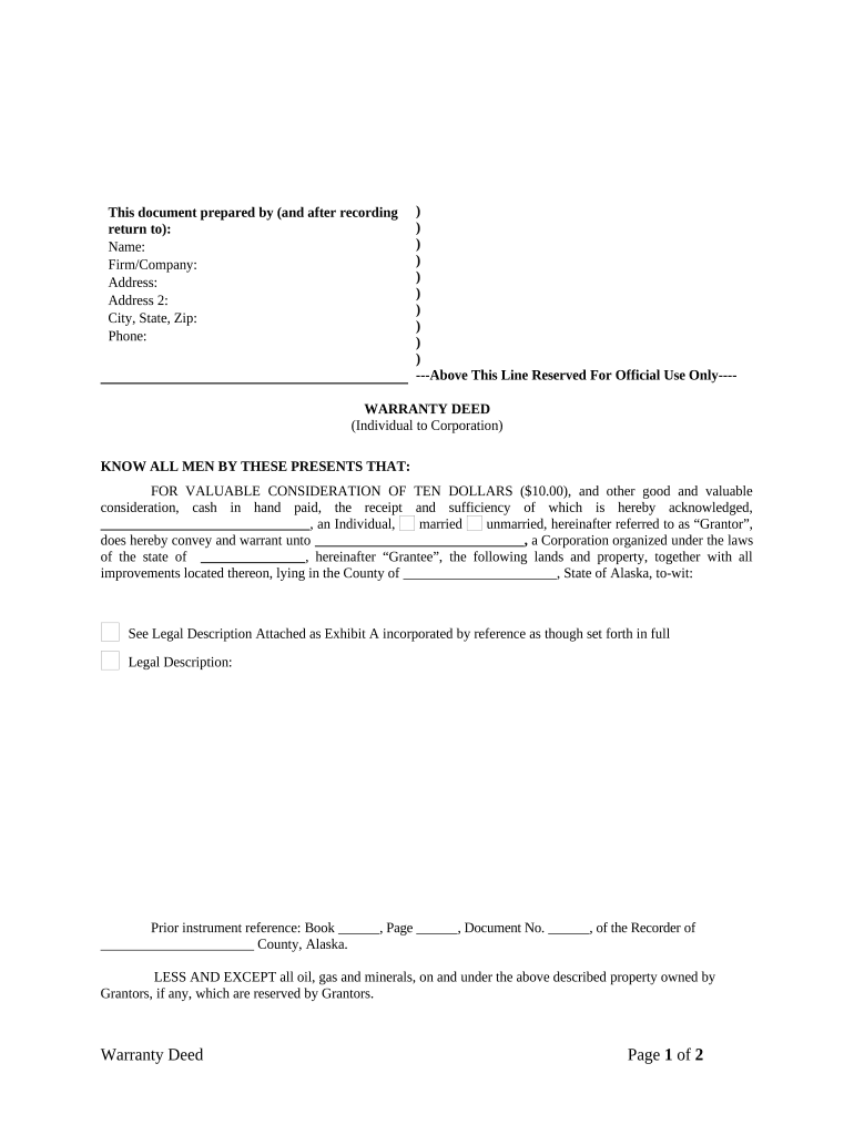 Warranty Deed from Individual to Corporation - Alaska Preview on Page 1.