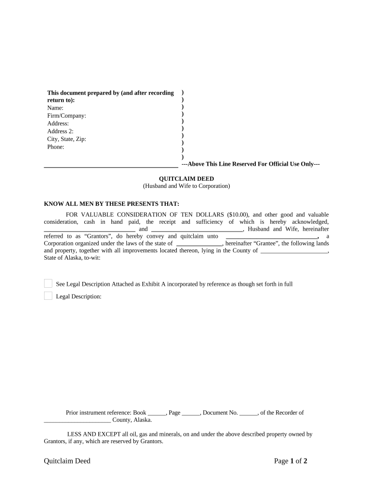 Quitclaim Deed from Husband and Wife to Corporation - Alaska Preview on Page 1