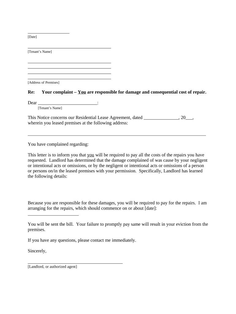 Letter from Landlord to Tenant where Tenant Complaint was caused by the deliberate or negligent act of Tenant or Tenant&#039;s guest - Alaska Preview on Page 1