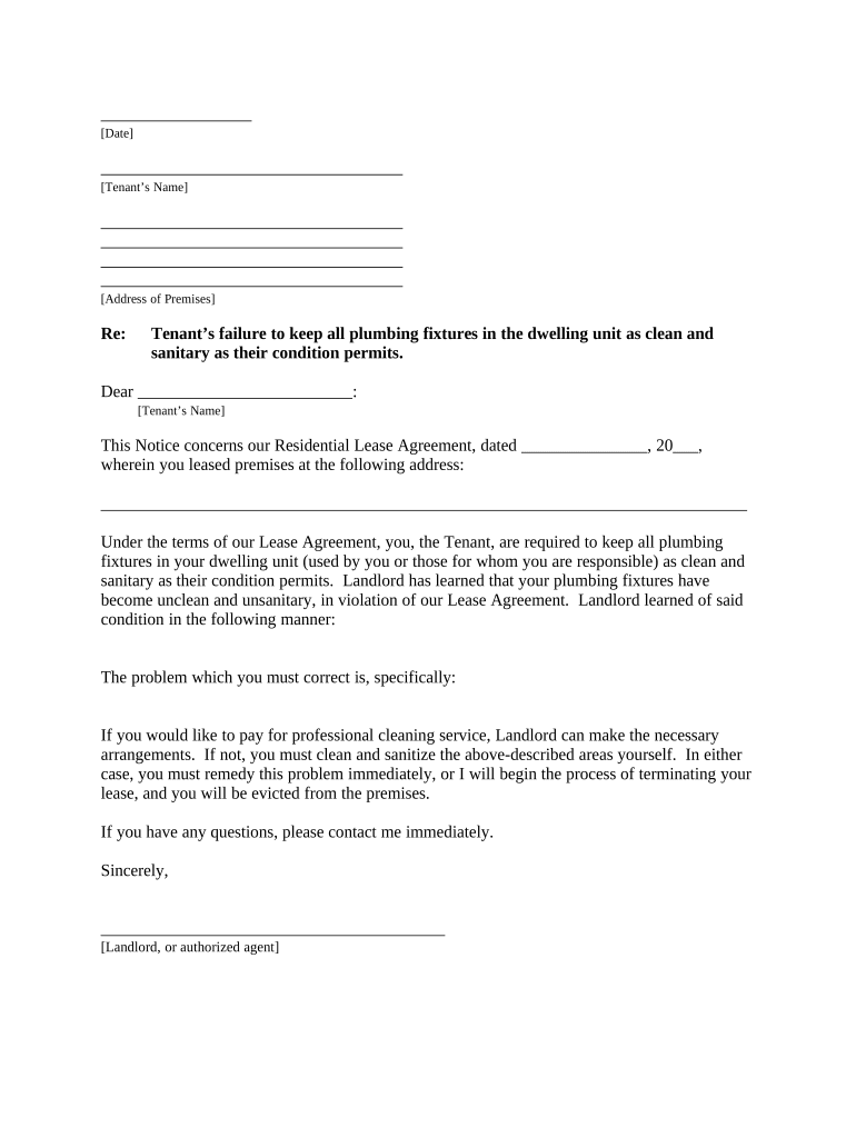 Letter from Landlord to Tenant for Failure to keep all plumbing fixtures in the dwelling unit as clean as their condition permits - Remedy or lease terminates - Alaska Preview on Page 1