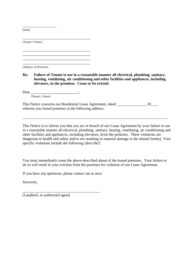 Letter from Landlord to Tenant for Failure to use electrical, plumbing, sanitary, heating, ventilating, air conditioning and other facilities in a reasonable manner - Alaska Preview on Page 1