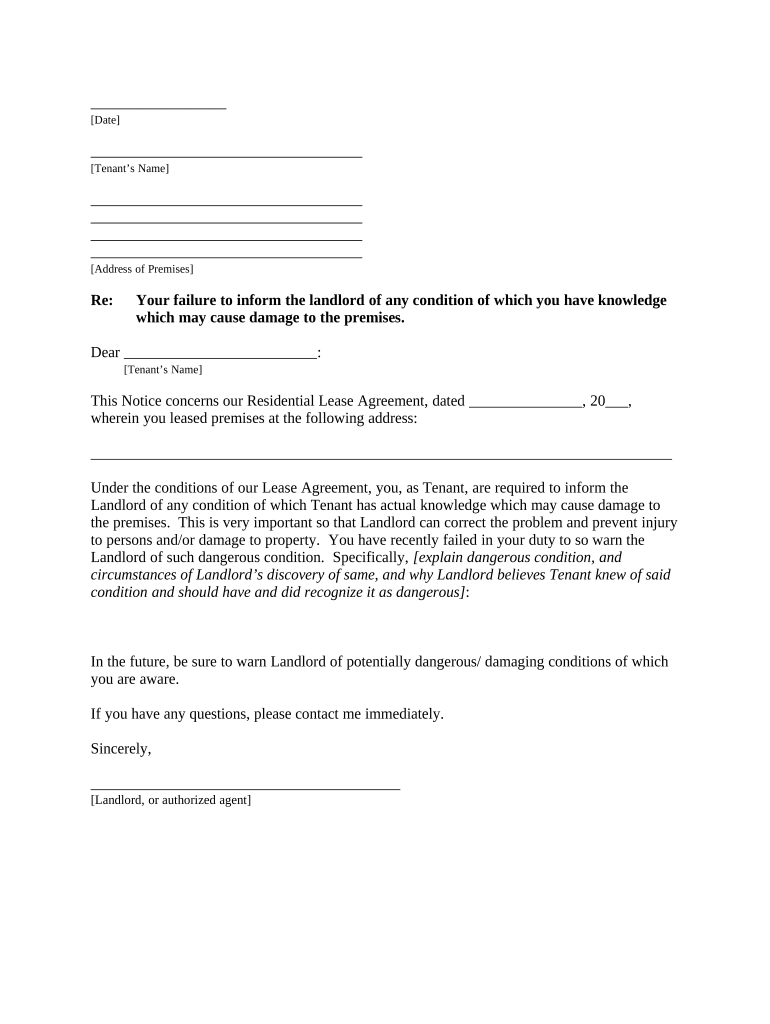 Letter from Landlord to Tenant as Notice to tenant to inform landlord of tenant&#039;s knowledge of condition causing damage to premises - Alaska Preview on Page 1.