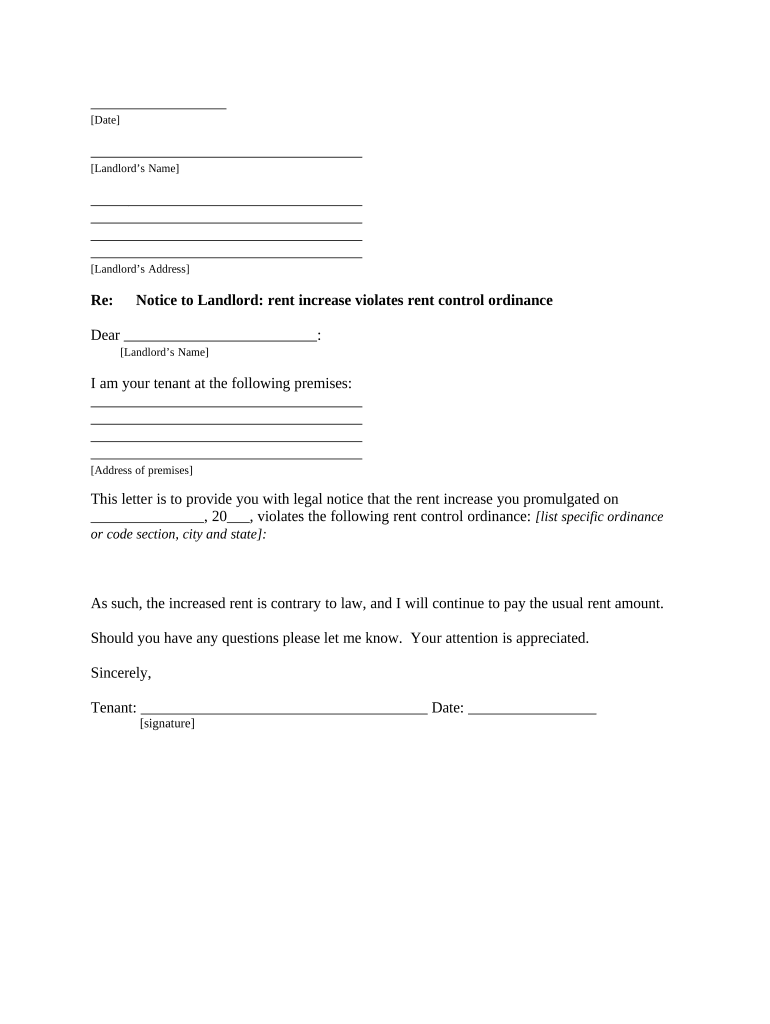 Letter from Tenant to Landlord containing Notice to landlord to withdraw improper rent increase due to violation of rent control ordinance - Alaska Preview on Page 1.