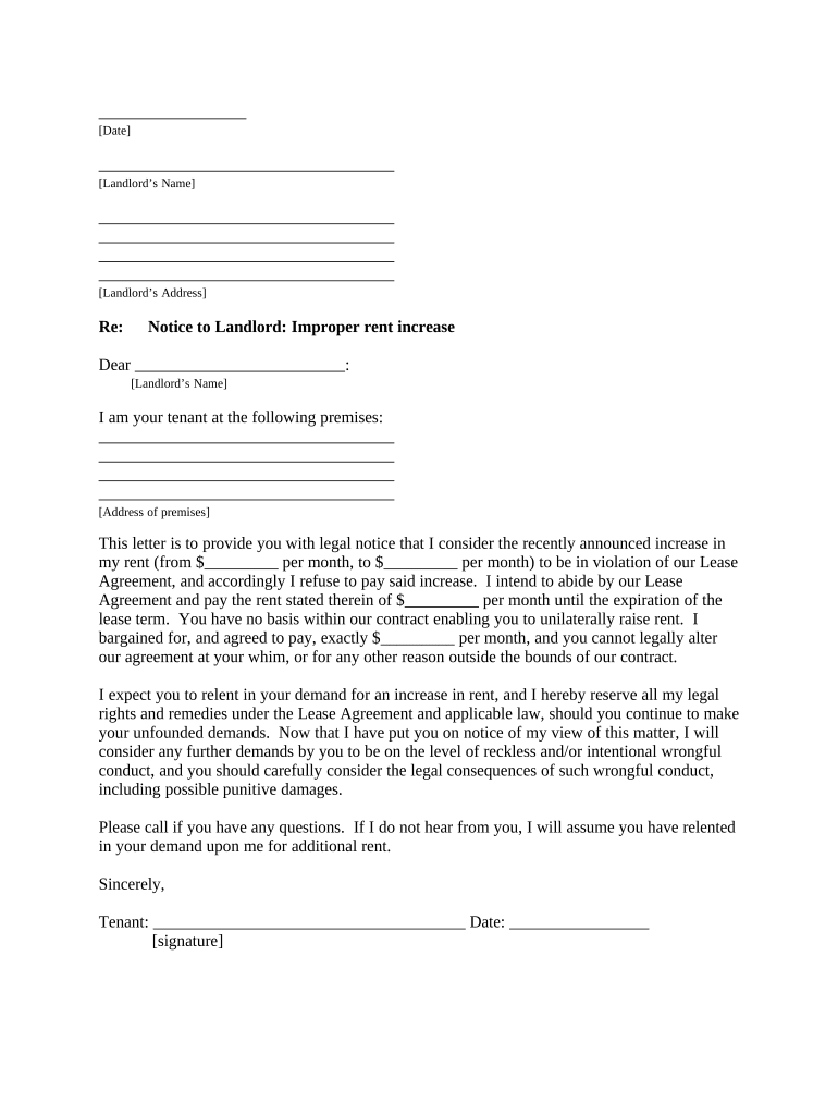 Letter from Tenant to Landlord containing Notice to landlord to withdraw improper rent increase during lease - Alaska Preview on Page 1