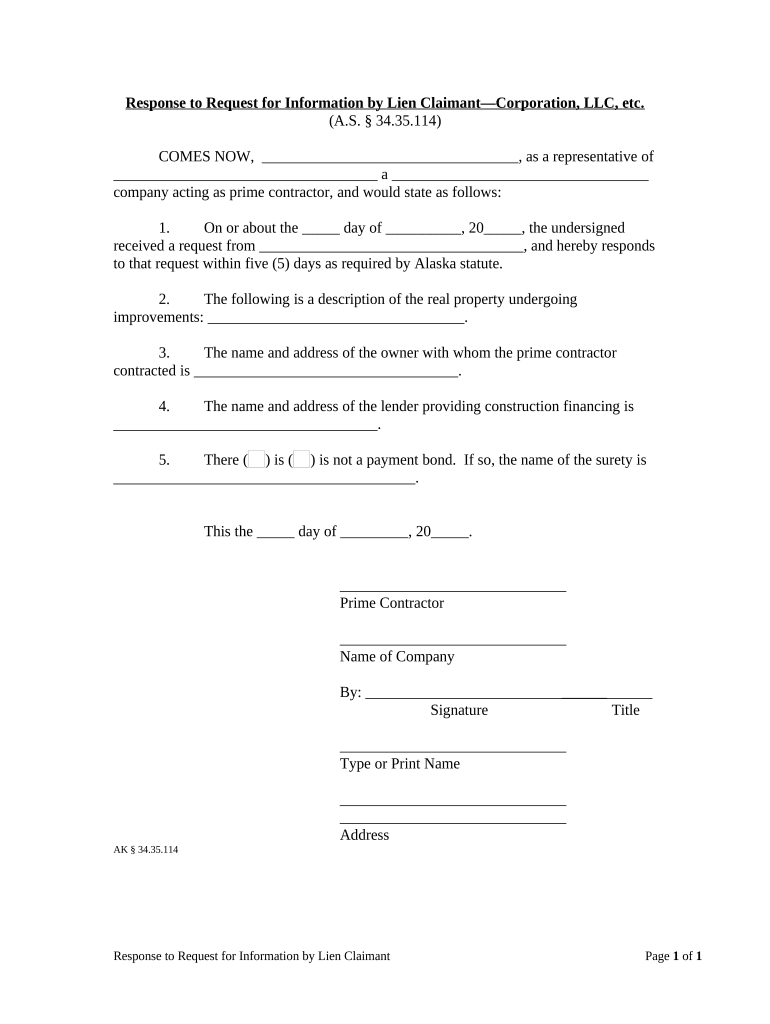 Response to Request for Information by Lien Claimant by Corporation or LLC - Alaska Preview on Page 1.