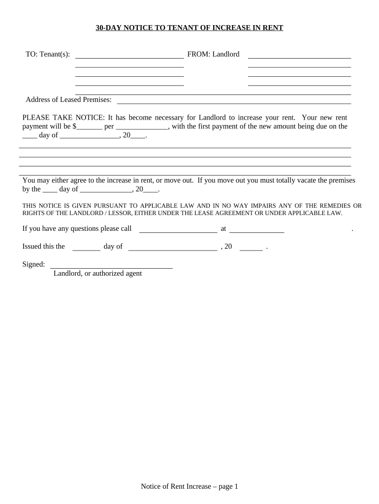 30 Day Notice to Tenant of Increase in Rent for Residential from Landlord to Tenant - Alaska Preview on Page 1.