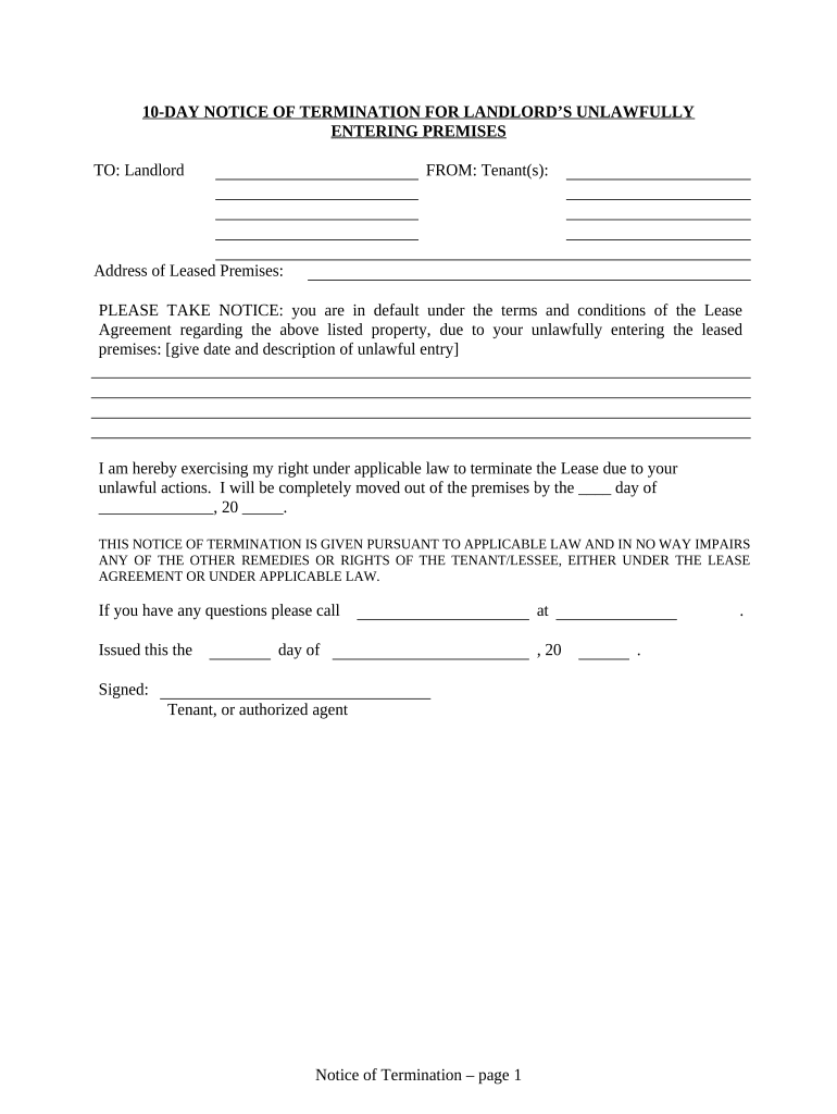 10 Day Notice of Termination for Landlord&#039;s Unlawfully Entering Premises for Residential from Tenant to Landlord - Alaska Preview on Page 1