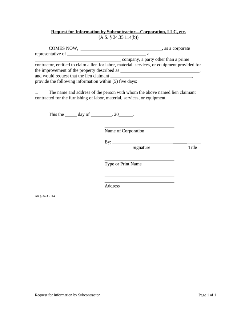 Request for Information by Subcontractor by Corporation or LLC - Alaska Preview on Page 1.