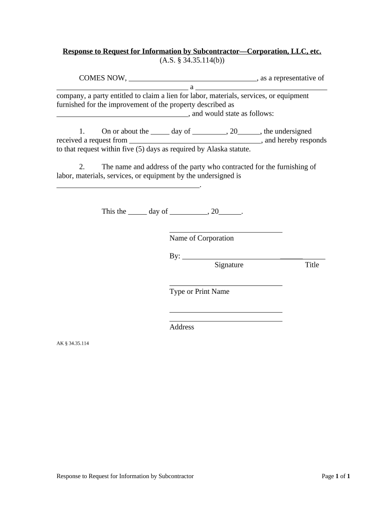 Response to Subcontractor's Request by Corporation or LLC - Alaska Preview on Page 1