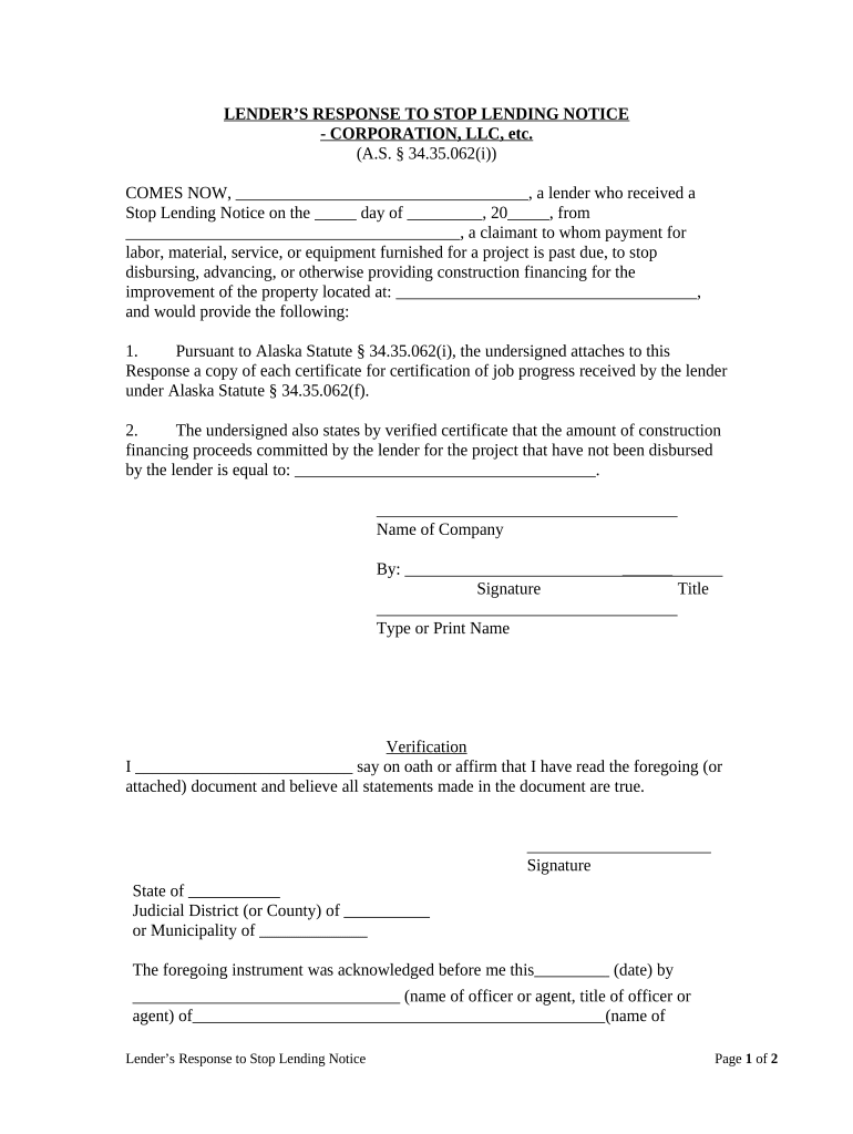 Lender&#039;s Response to Stop-Lending Notice - Corporation or LLC - Alaska Preview on Page 1