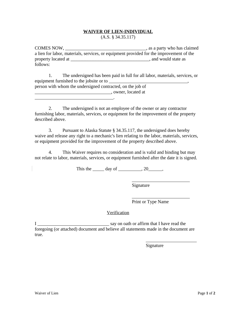 Waiver of Lien - Individual - Alaska Preview on Page 1.