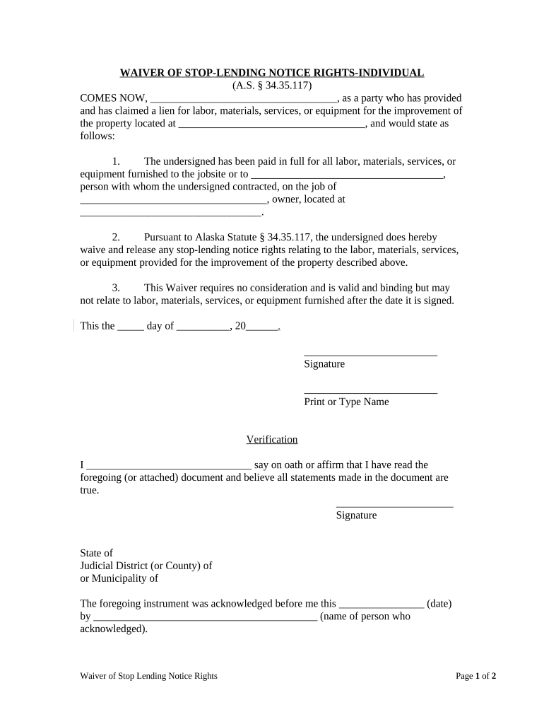 Waiver of Stop-Lending Notice Rights - Individual - Alaska Preview on Page 1