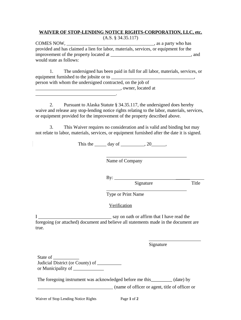 Waiver of Stop-Lending Notice Rights - Corporation or LLC - Alaska Preview on Page 1