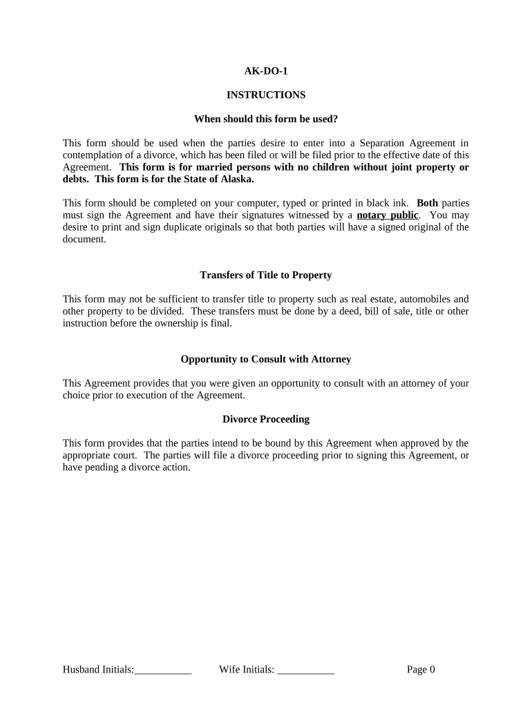 Marital Legal Separation and Property Settlement Agreement where No Children or No Joint Property or Debts and Divorce Action Filed - Alaska Preview on Page 1.