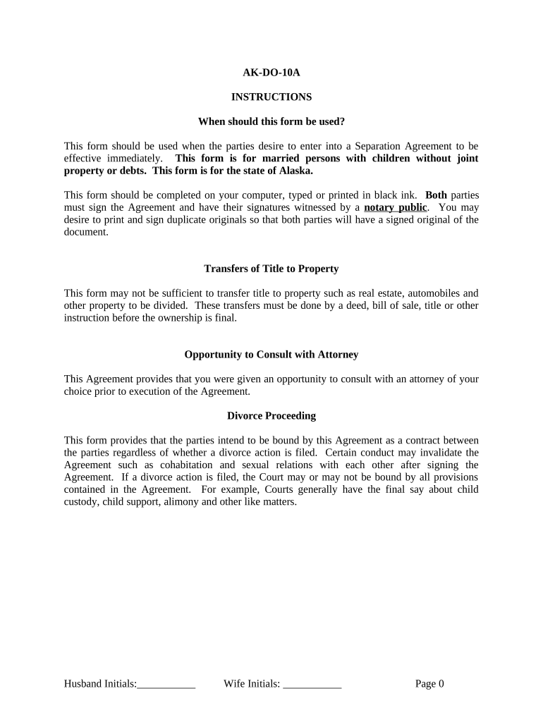 Marital Legal Separation and Property Settlement Agreement where Minor Children and No Joint Property or Debts that is Effective Immediately - Alaska Preview on Page 1