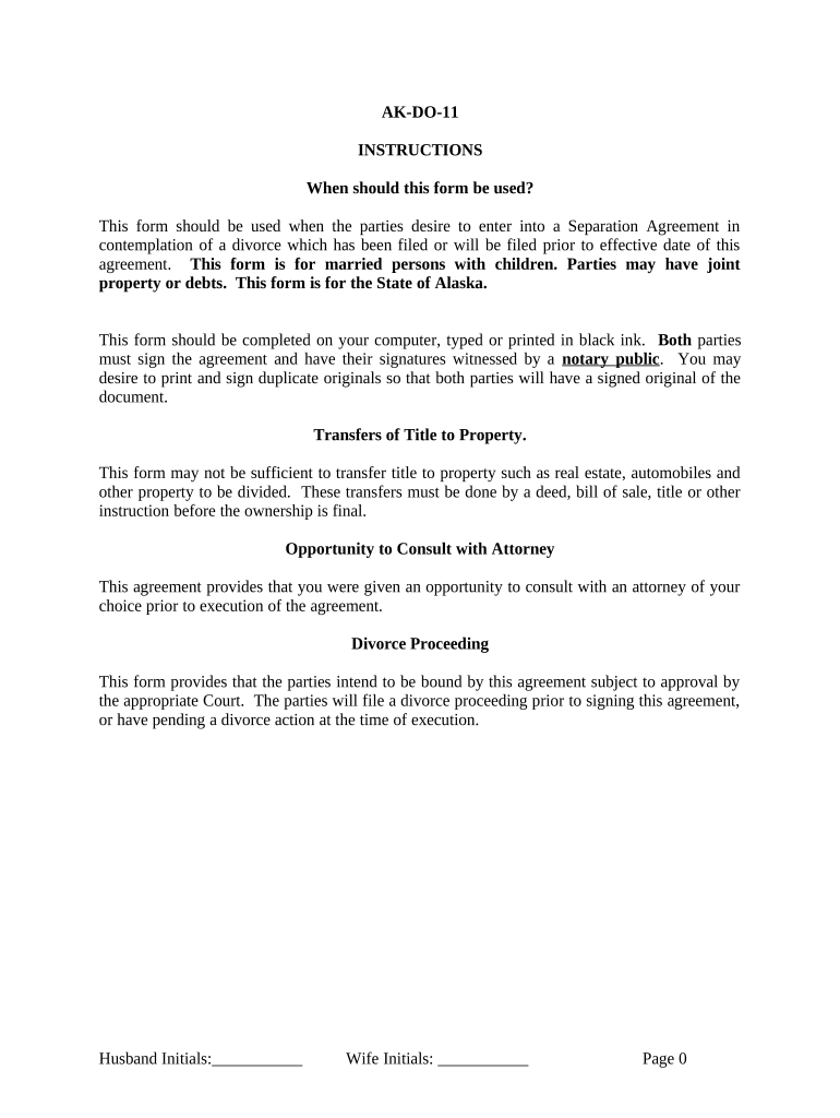 Marital Legal Separation and Property Settlement Agreement where Minor Children and Parties May have Joint Property or Debts and Divorce Action Filed - Alaska Preview on Page 1