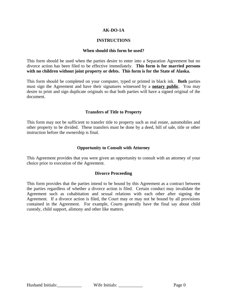 Marital Legal Separation and Property Settlement Agreement for persons with no Children, No Joint Property or Debts Effective Immediately - Alaska Preview on Page 1