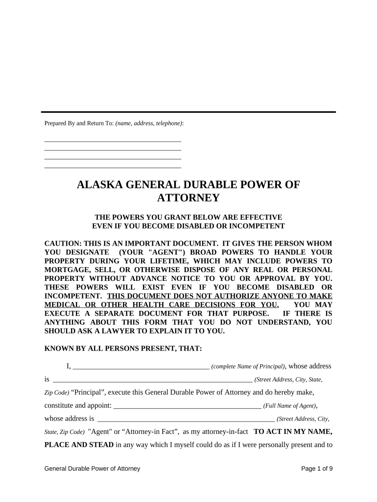 General Durable Power of Attorney for Property and Finances or Financial Effective upon Disability - Alaska Preview on Page 1