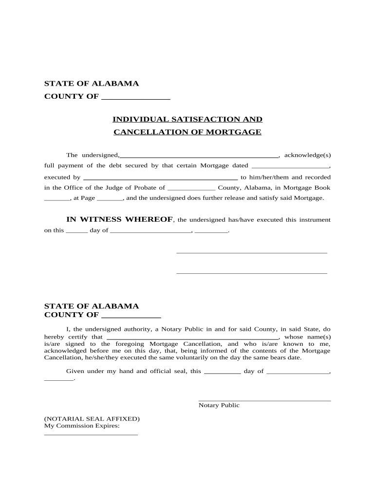 Individual Satisfaction Mortgage Alabama Fill out & sign online DocHub