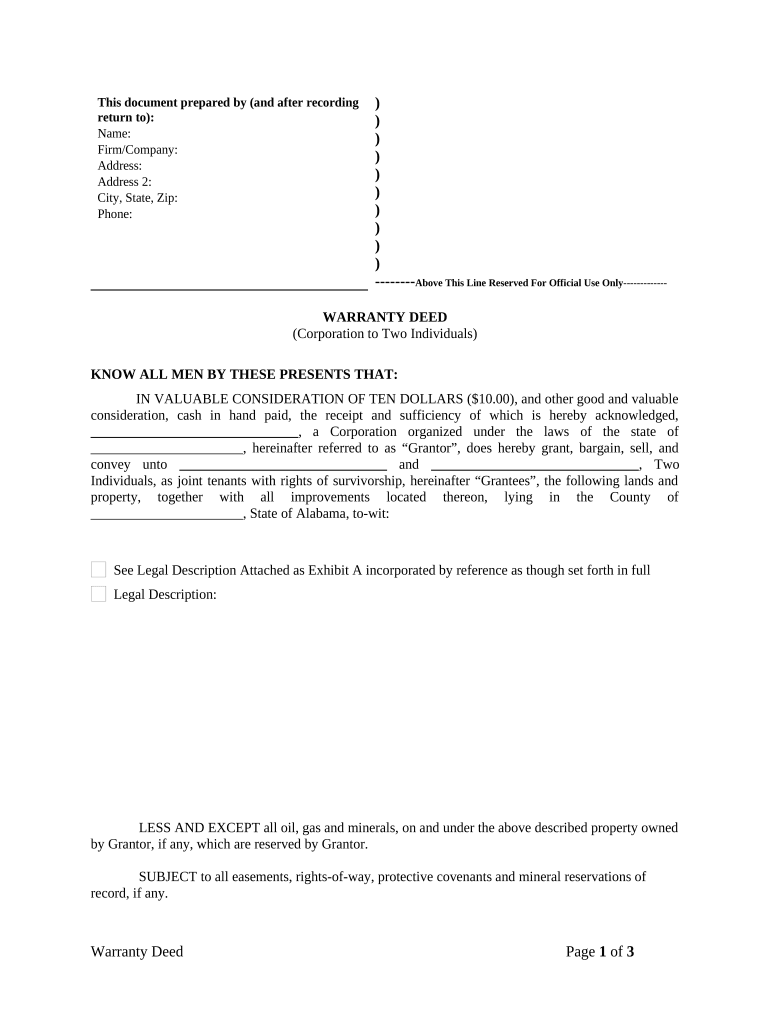 Warranty Deed from Corporation to Two Individuals - Alabama Preview on Page 1