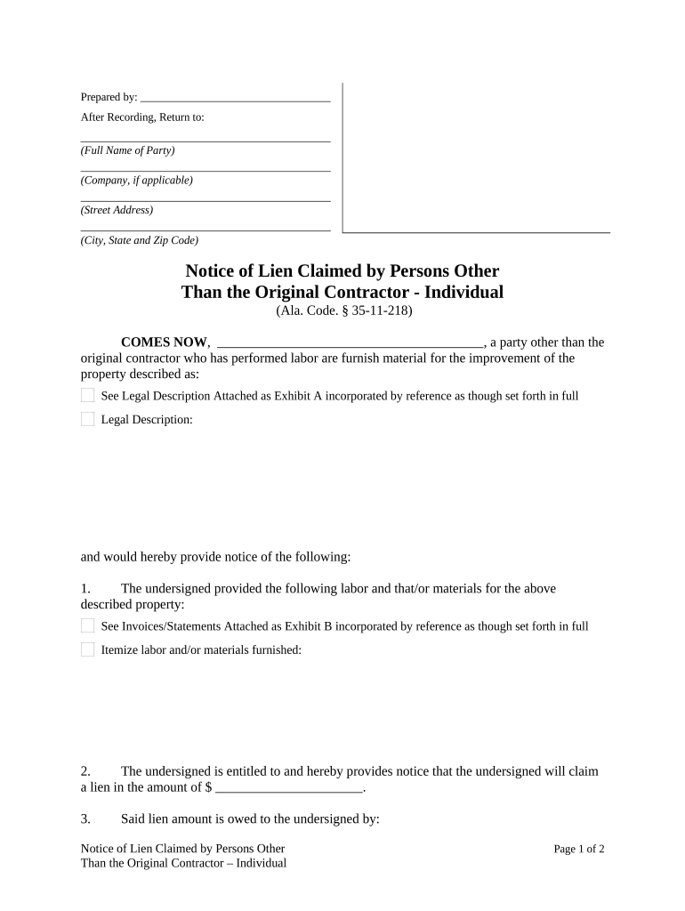 Notice of Claim of Lien by Party Other than Original Contractor - Individual - Alabama Preview on Page 1