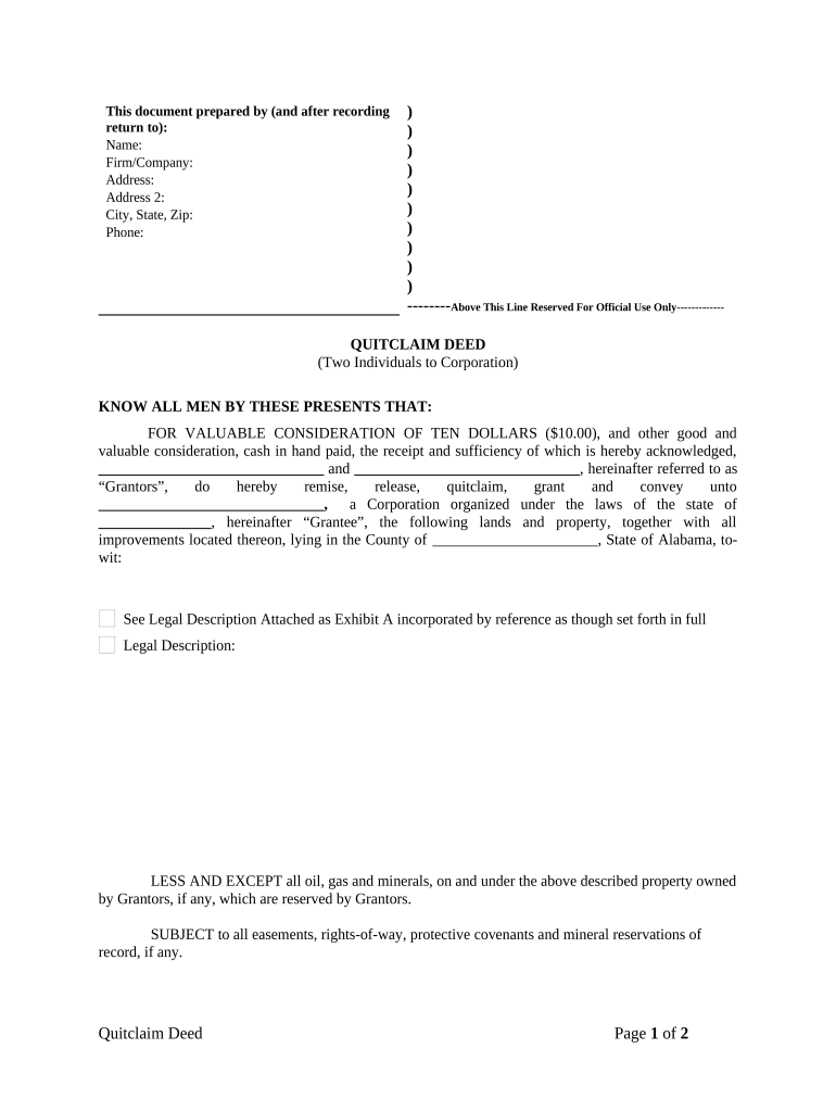 Quitclaim Deed by Two Individuals to Corporation - Alabama Preview on Page 1.