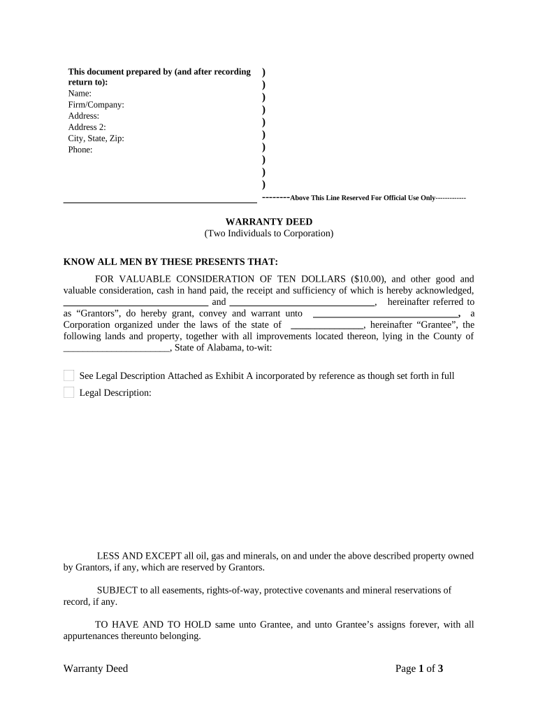 Warranty Deed from two Individuals to Corporation - Alabama Preview on Page 1