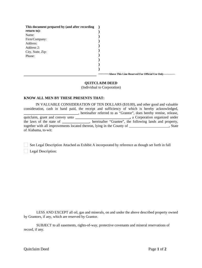 Quitclaim Deed from Individual to Corporation - Alabama Preview on Page 1.