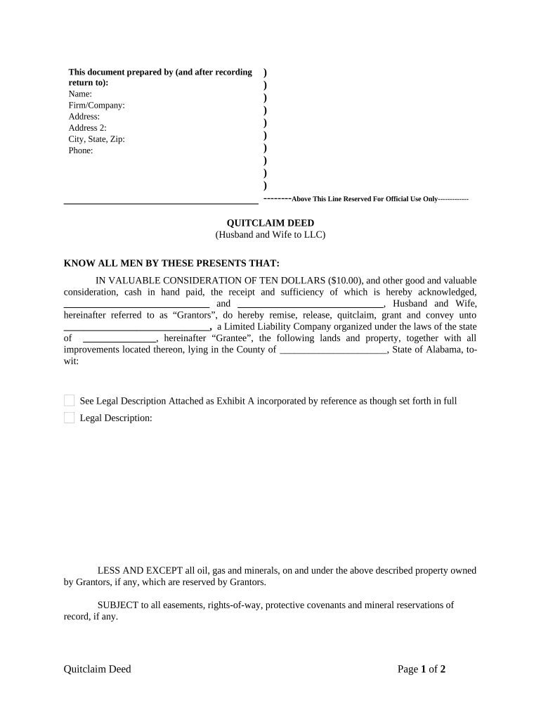 Quitclaim Deed from Husband and Wife to LLC - Alabama Preview on Page 1