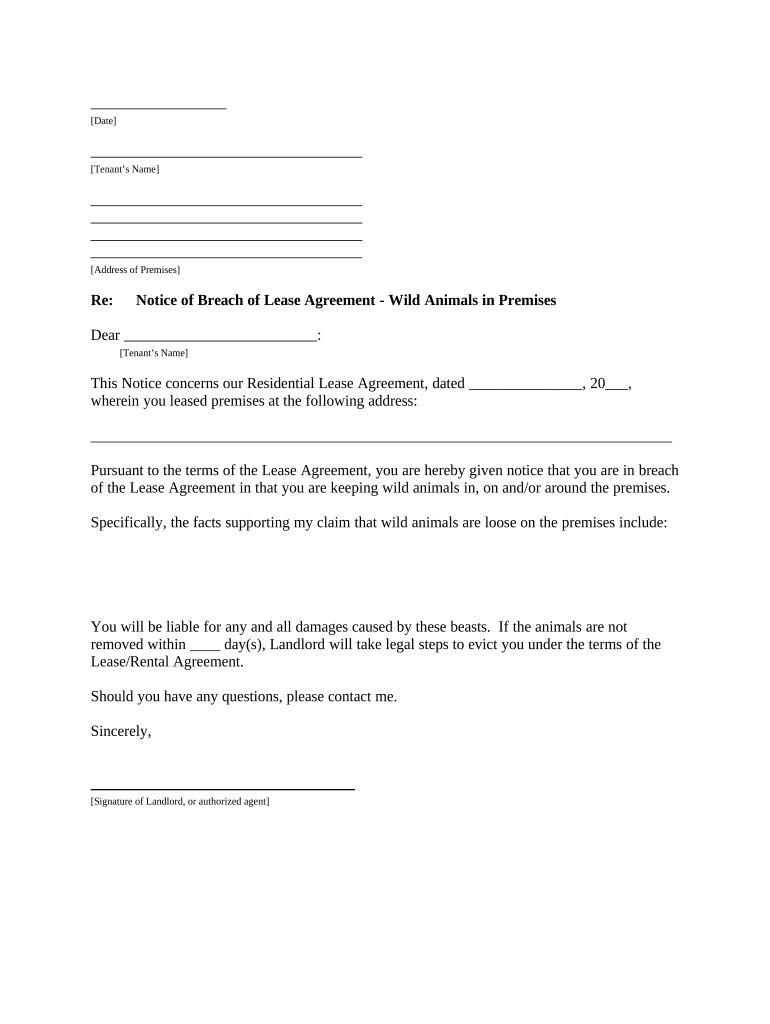 Letter from Landlord to Tenant as Notice to remove Wild Animals in Premises - Alabama Preview on Page 1.