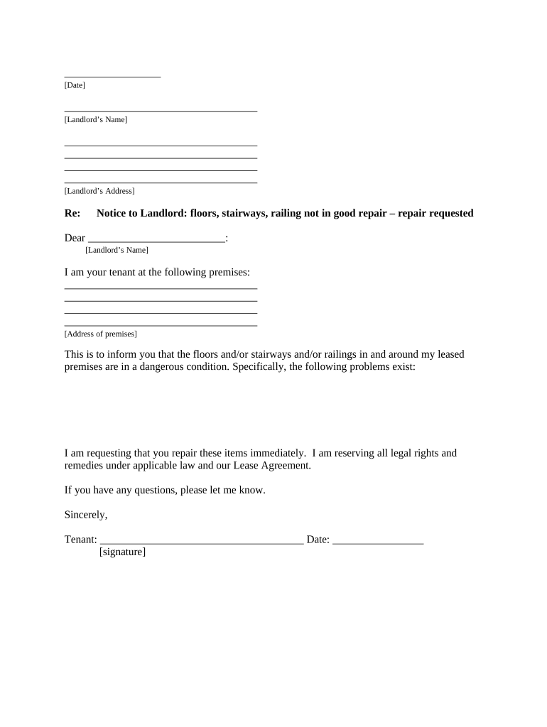 Letter from Tenant to Landlord with Demand that landlord repair floors, stairs or railings - Alabama Preview on Page 1