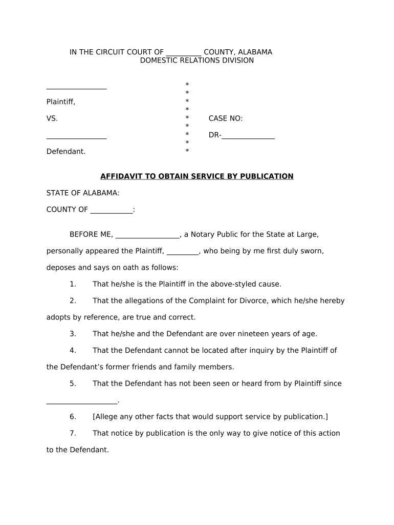 Affidavit to Obtain Service - Alabama Preview on Page 1.