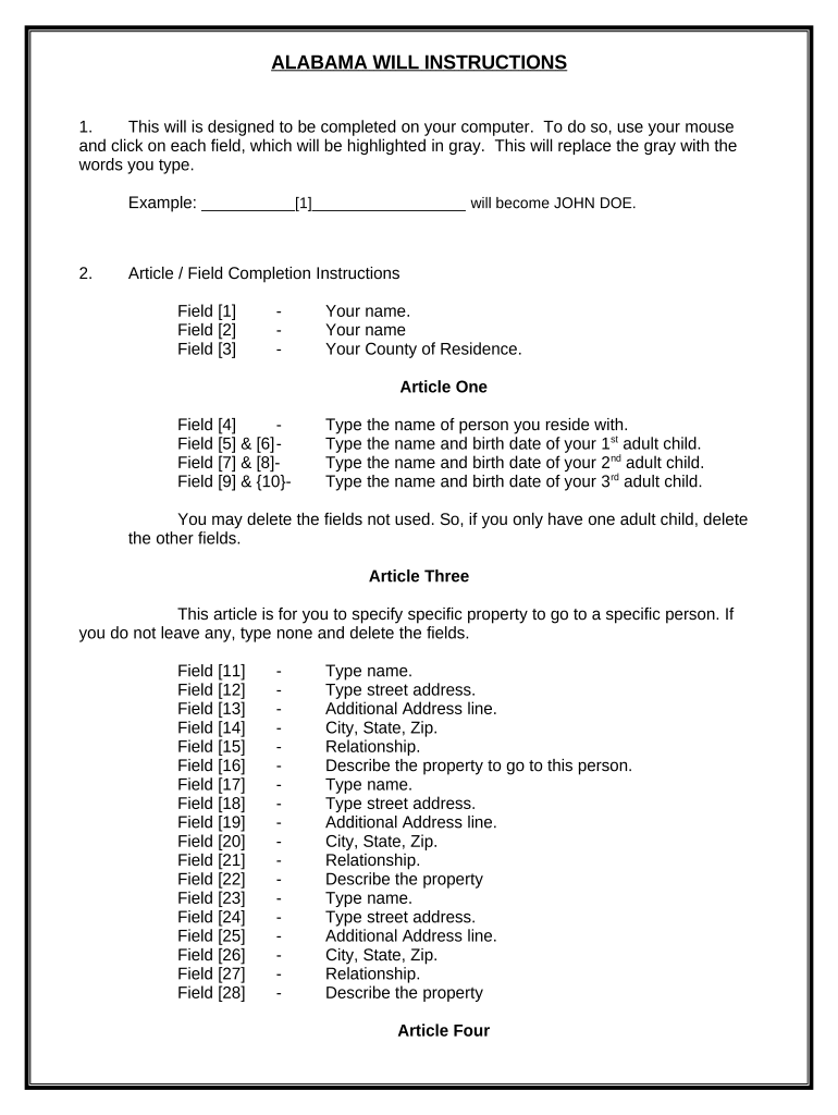 Mutual Wills or Last Will and Testaments for Unmarried Persons living together with Adult Children - Alabama Preview on Page 1