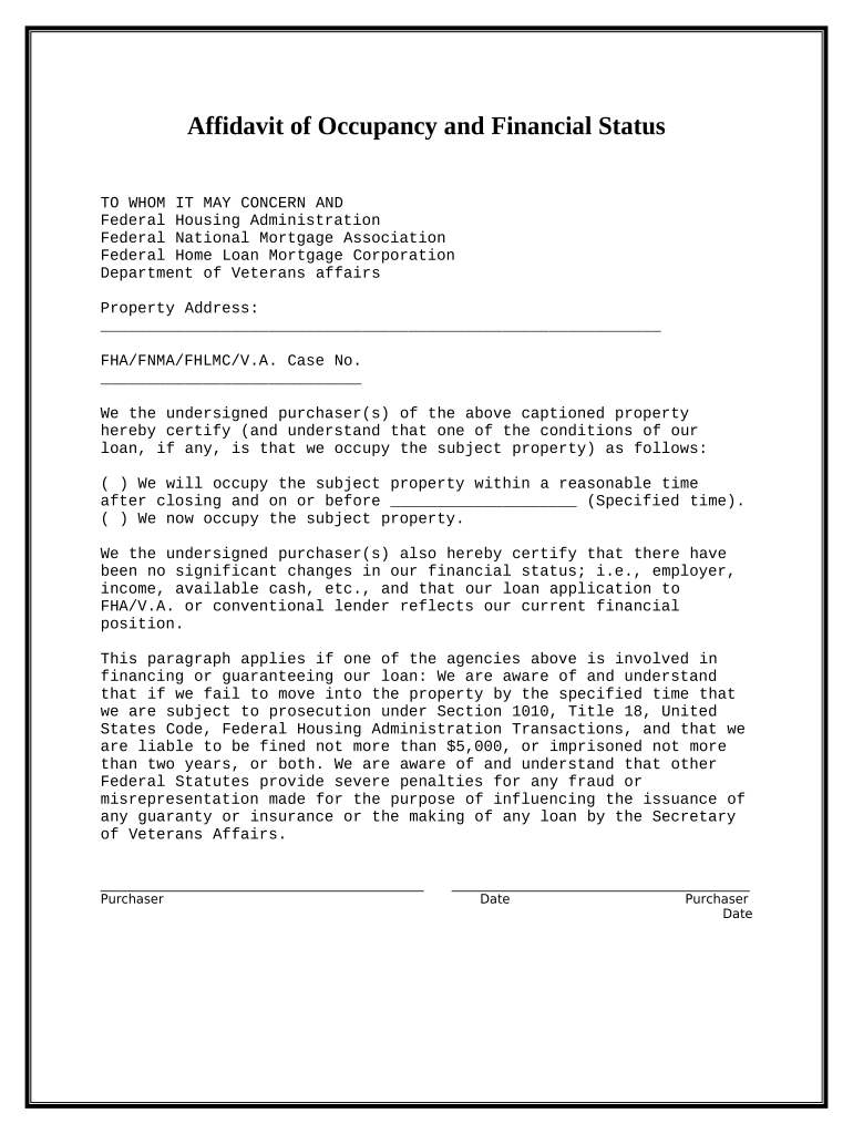 occupancy affidavit form Preview on Page 1