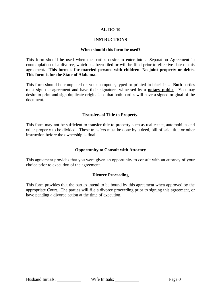 Marital Legal Separation and Property Settlement Agreement where Minor Children and No Joint Property or Debts and Divorce Action Filed - Alabama Preview on Page 1