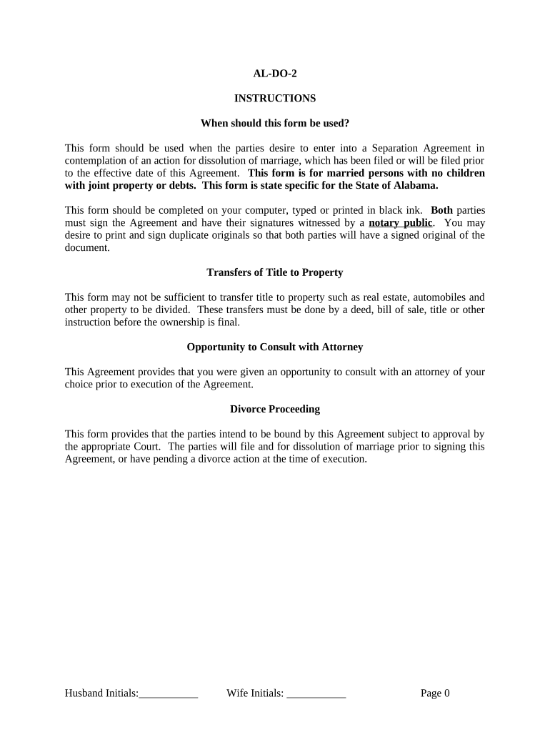 Marital Legal Separation and Property Settlement Agreement where No Children and parties may have Joint Property and / or Debts and Divorce Action Filed - Alabama Preview on Page 1