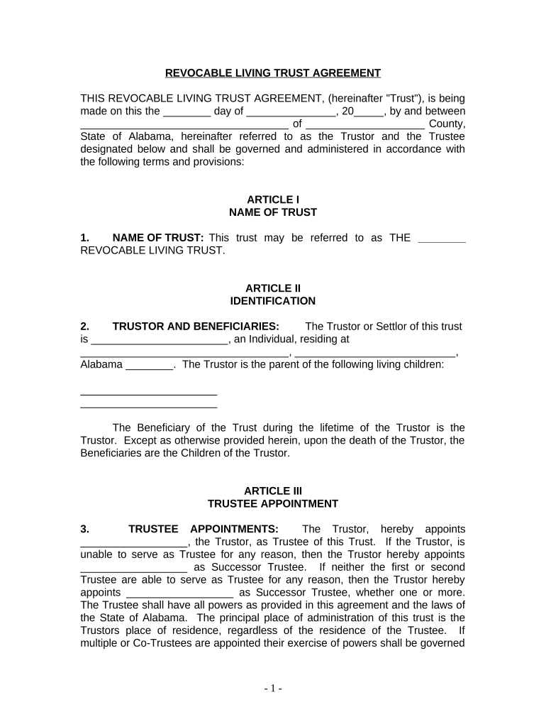 Living Trust for individual, Who is Single, Divorced or Widow or Widower with Children - Alabama Preview on Page 1